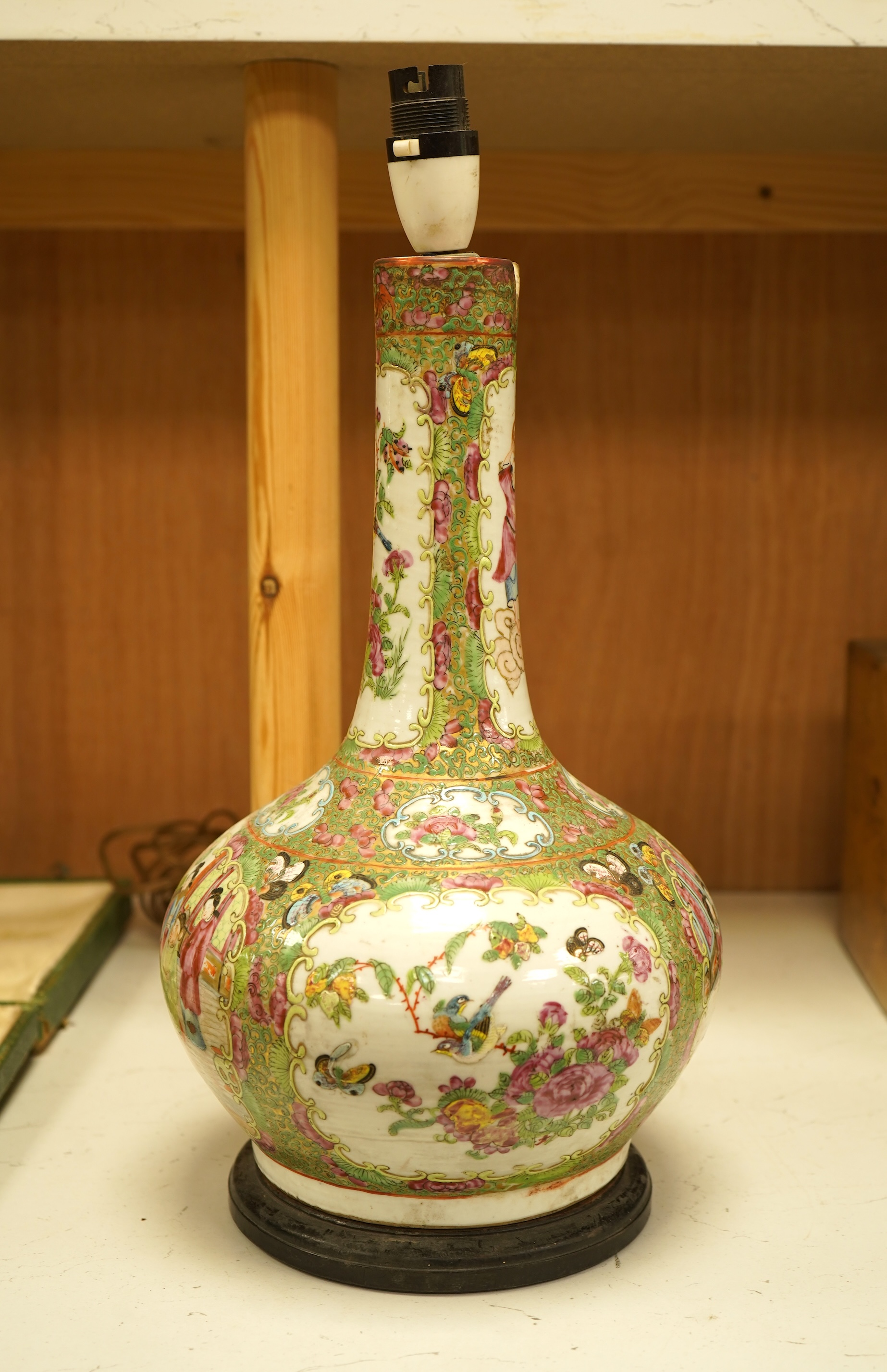 A Chinese famille rose bottle vase, now converted to a lamp, 43cm high overall